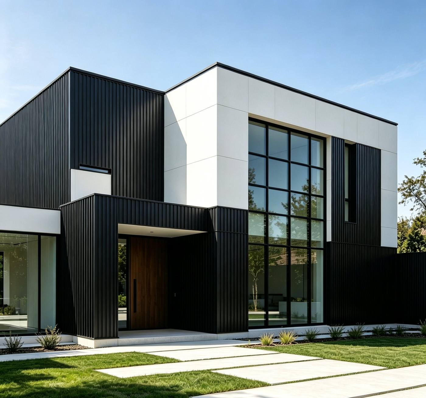 Dark grey cladding panels on a completed building envelope